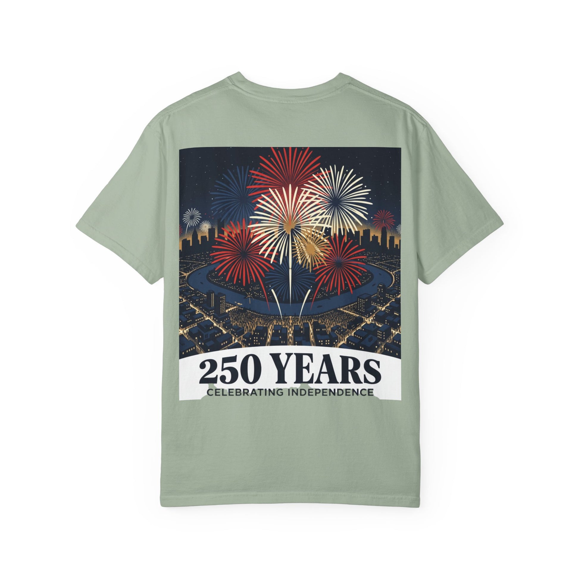 Seafoam green T-shirt with fireworks graphic and “250 Years Celebrating Independence” text