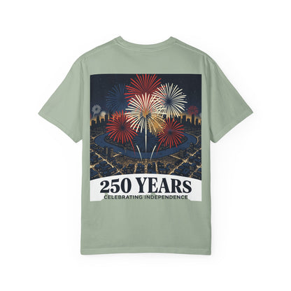 Seafoam green T-shirt with fireworks graphic and “250 Years Celebrating Independence” text