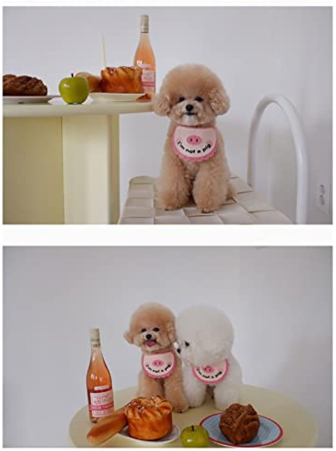 Pink crocheted pet saliva towel with pig face worn by light brown dog