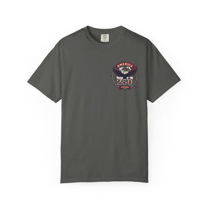 Dark charcoal T-shirt with round eagle 250 emblem graphic on the chest