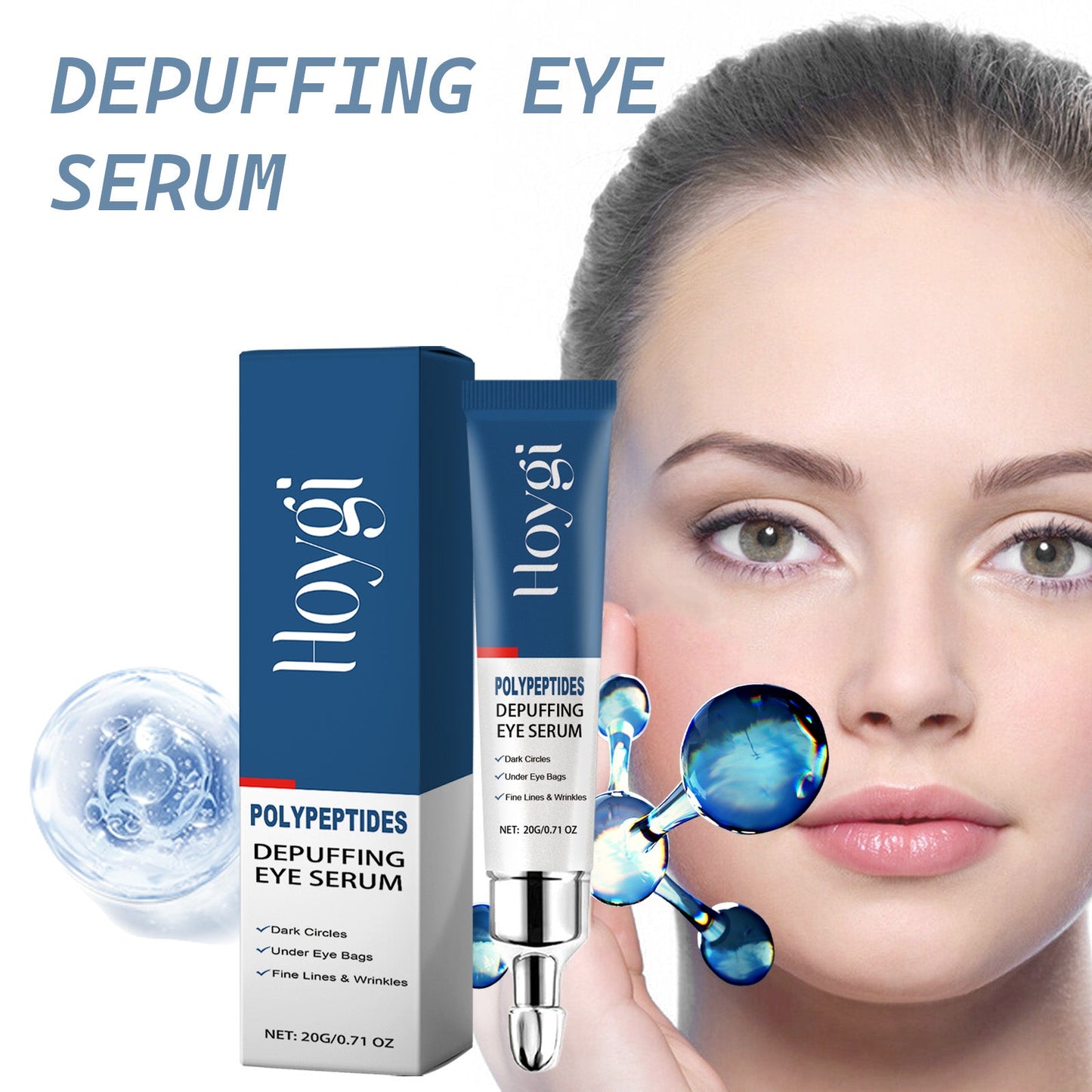 De-puffing eye serum cream: blue packaging with silver applicator tip