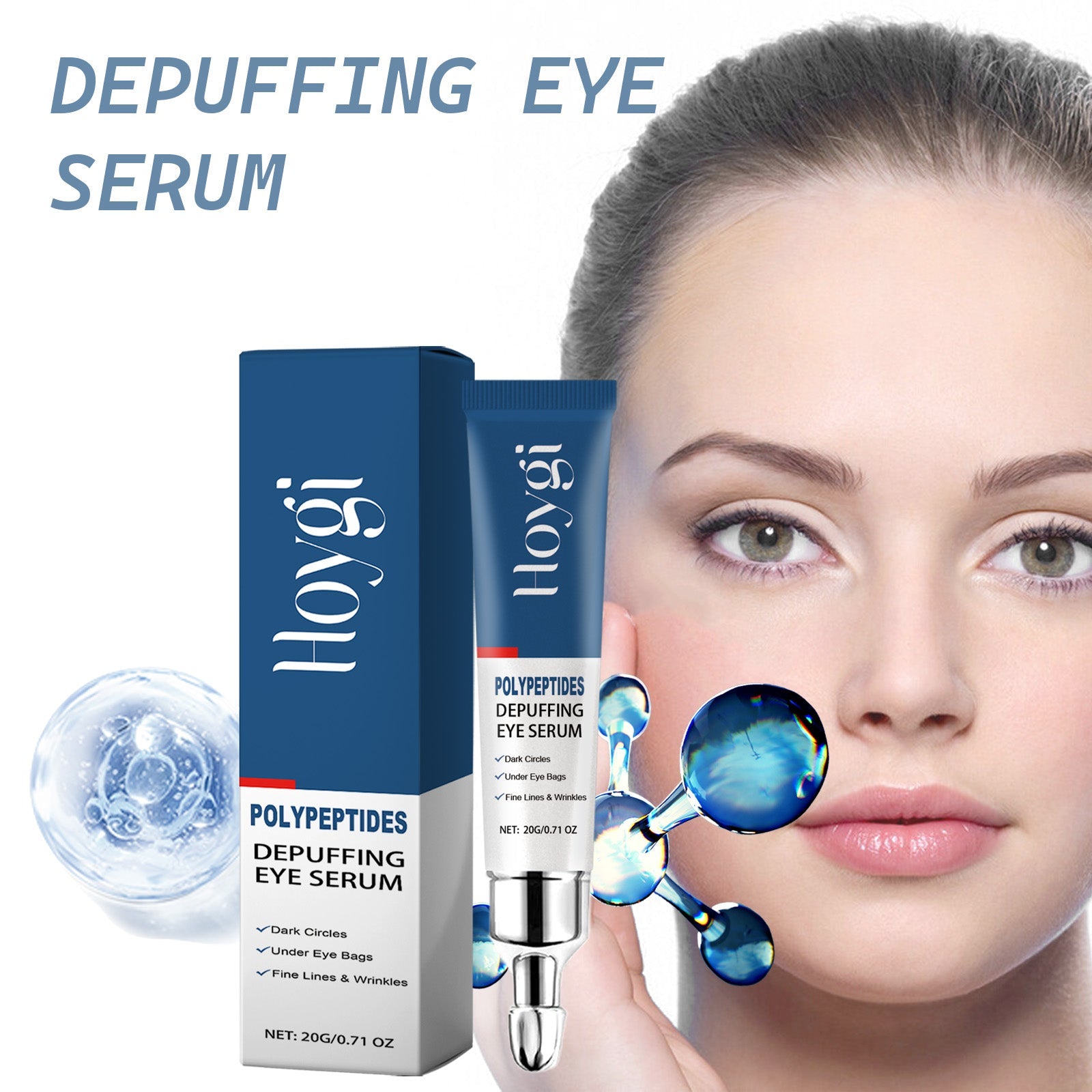 De-puffing eye serum cream: blue packaging with silver applicator tip