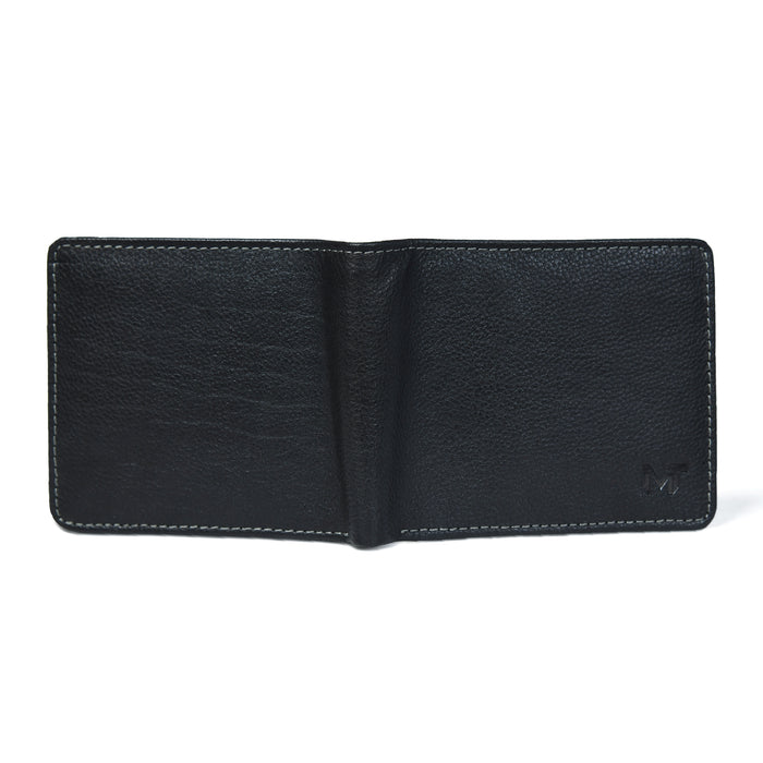 Black leather wallet open to two panels with stitched edges