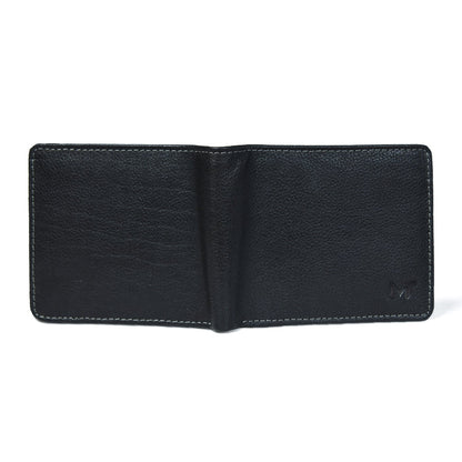 Black leather wallet open to two panels with stitched edges