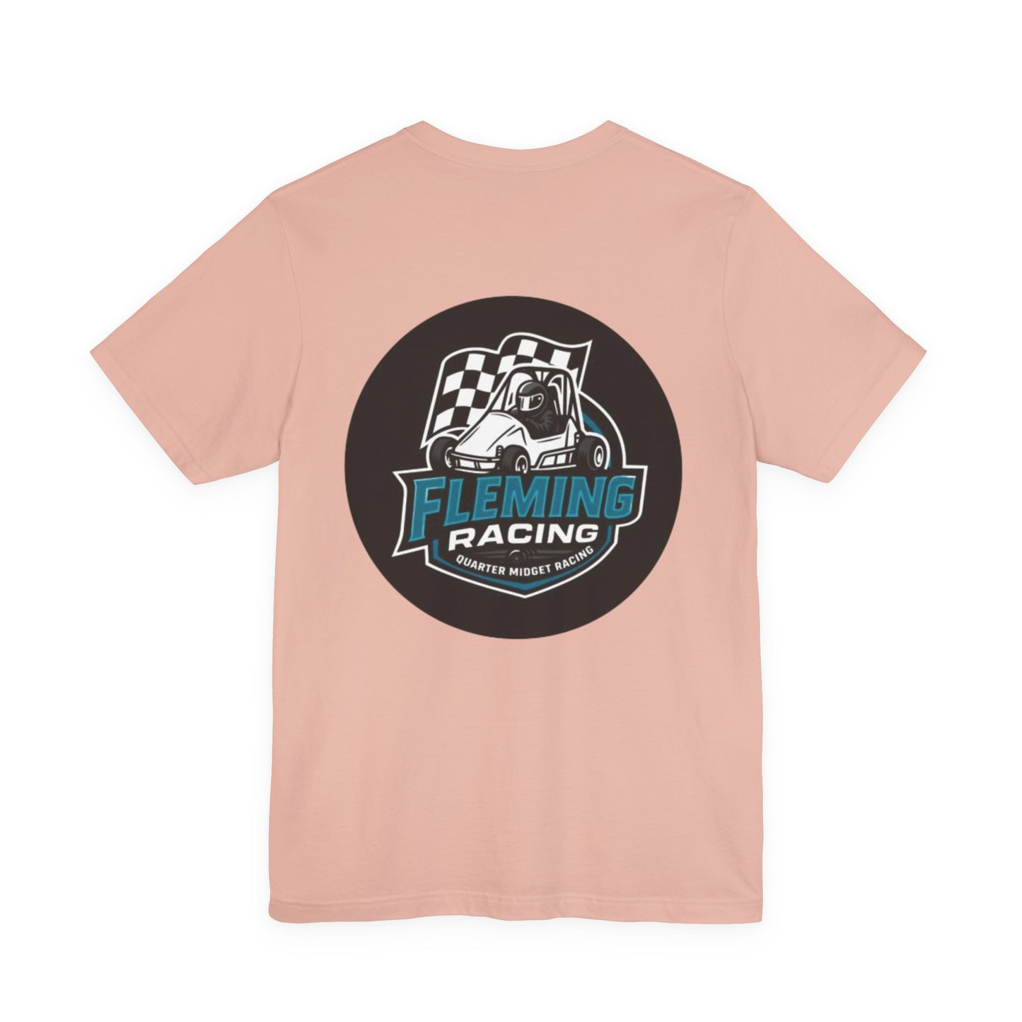Peach crew-neck T-shirt with Fleming Racing logo patch on chest