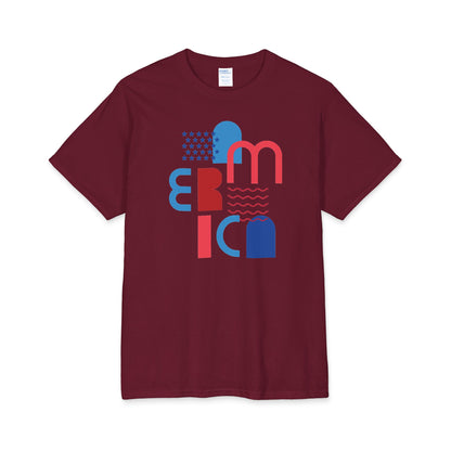 Burgundy graphic T-shirt with abstract block letter design in red and blue