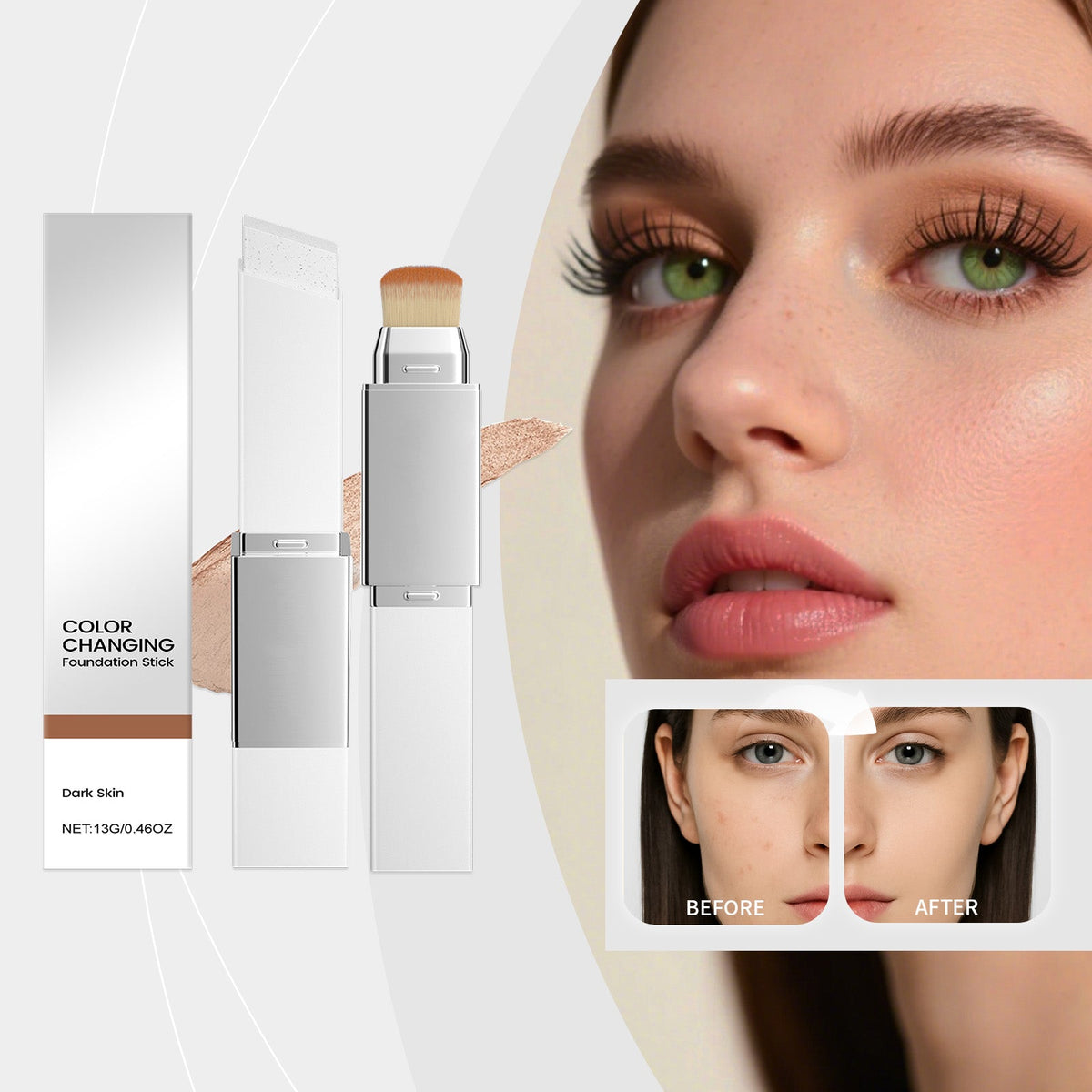 Color-changing foundation stick with brush tip, shown with close-up skin and mini before/after.
