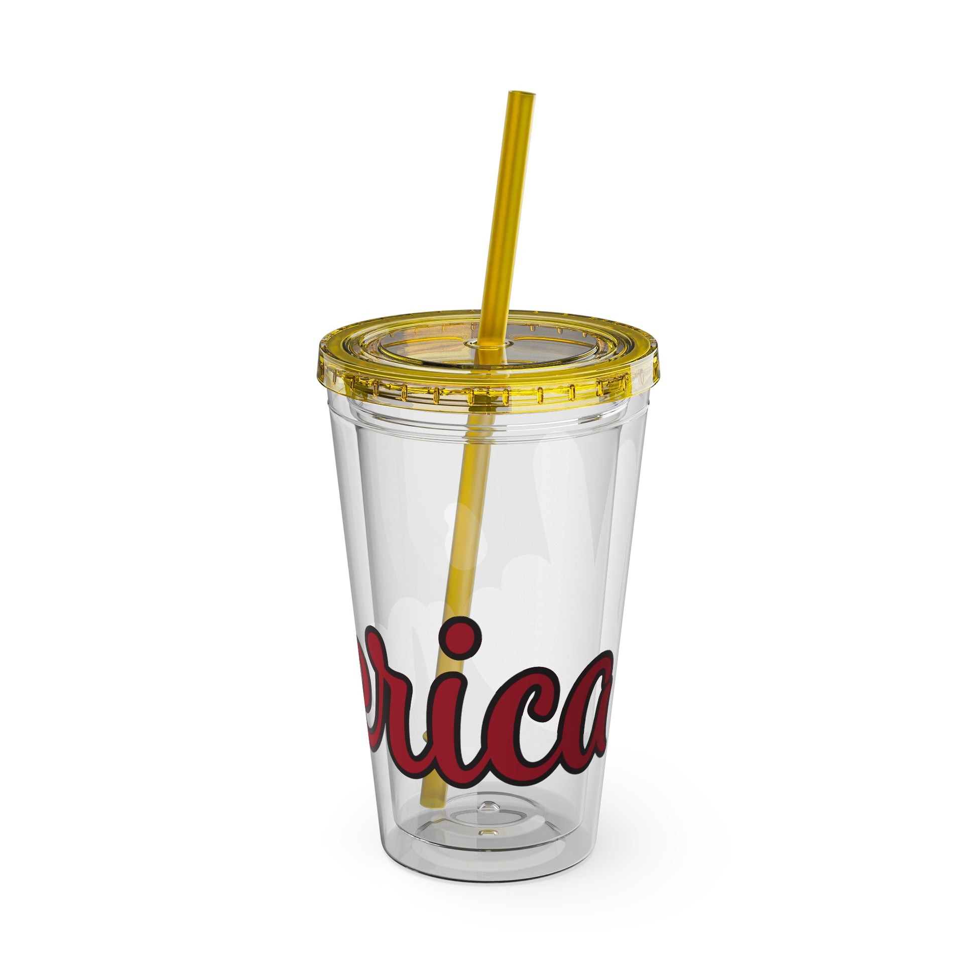 16oz clear tumbler, yellow lid and straw, red decal reading 'rica'