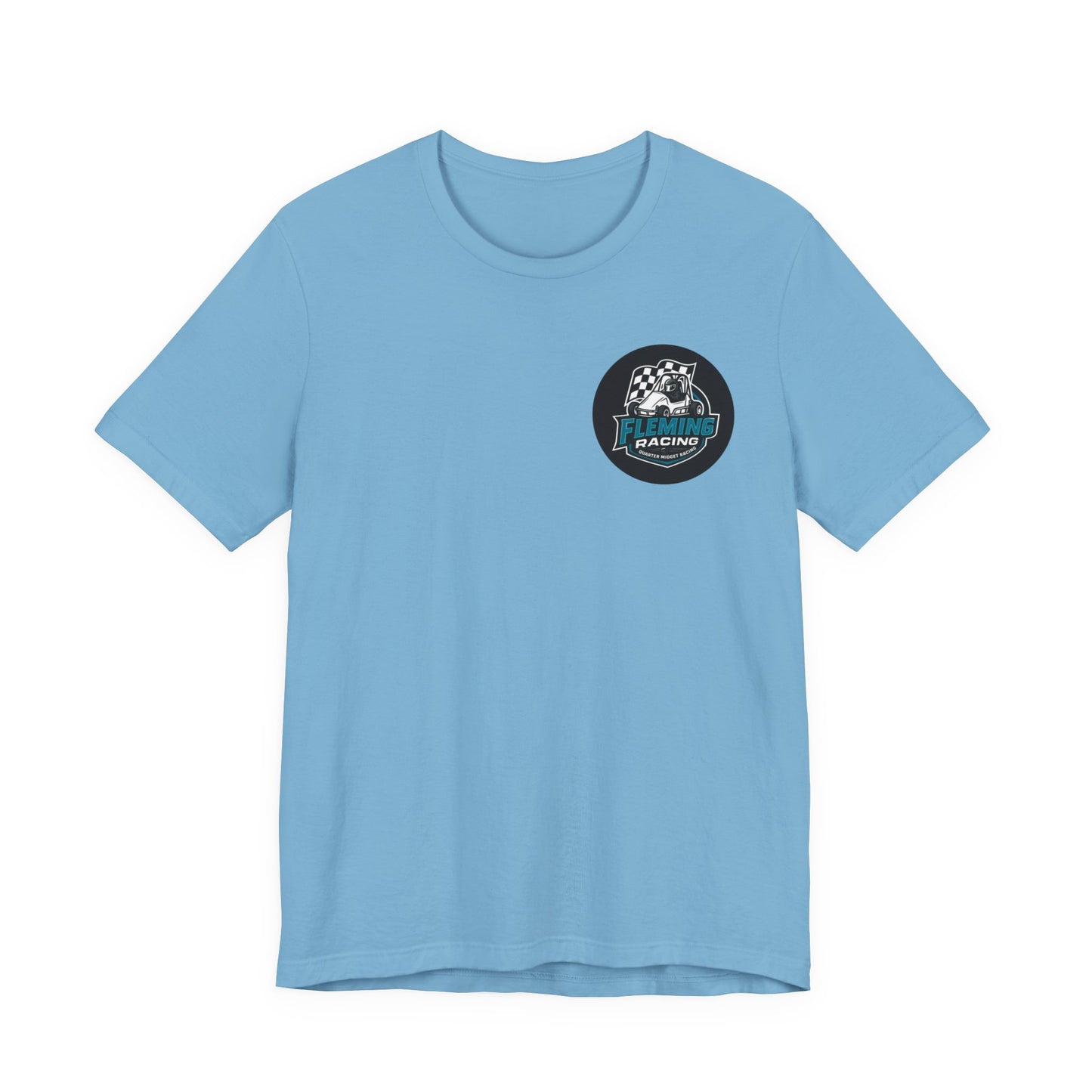 Light blue racing logo T-shirt with circular car emblem on chest