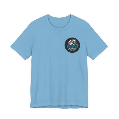 Light blue racing logo T-shirt with round emblem on the chest