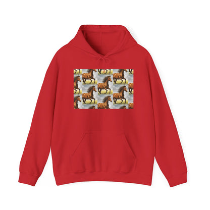 Red horse-pattern hoodie with front pouch and drawstring hood