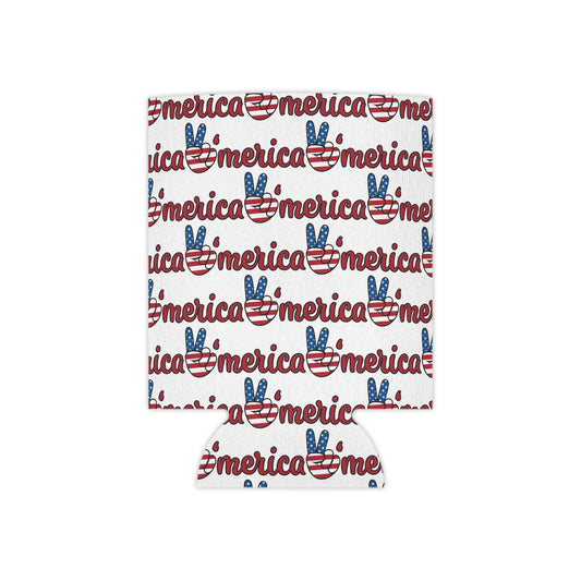 White can cooler sleeve with red and blue America peace sign pattern