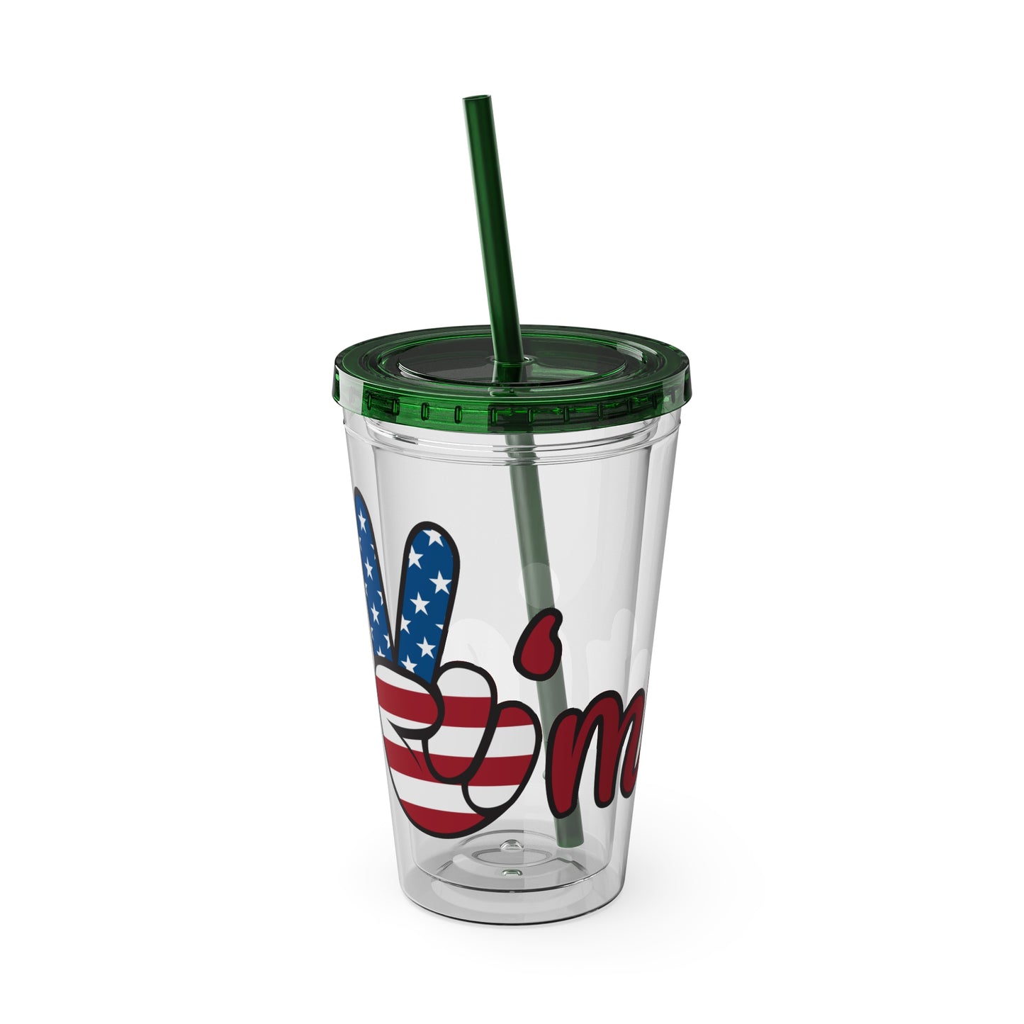 16oz clear tumbler, dark green lid and straw, blue/red star 'm' graphic