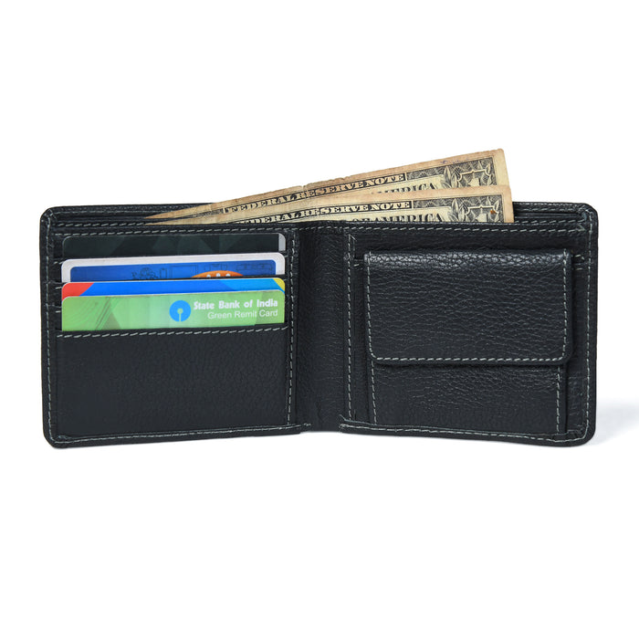Black leather bifold wallet showing card slots and inner ID window