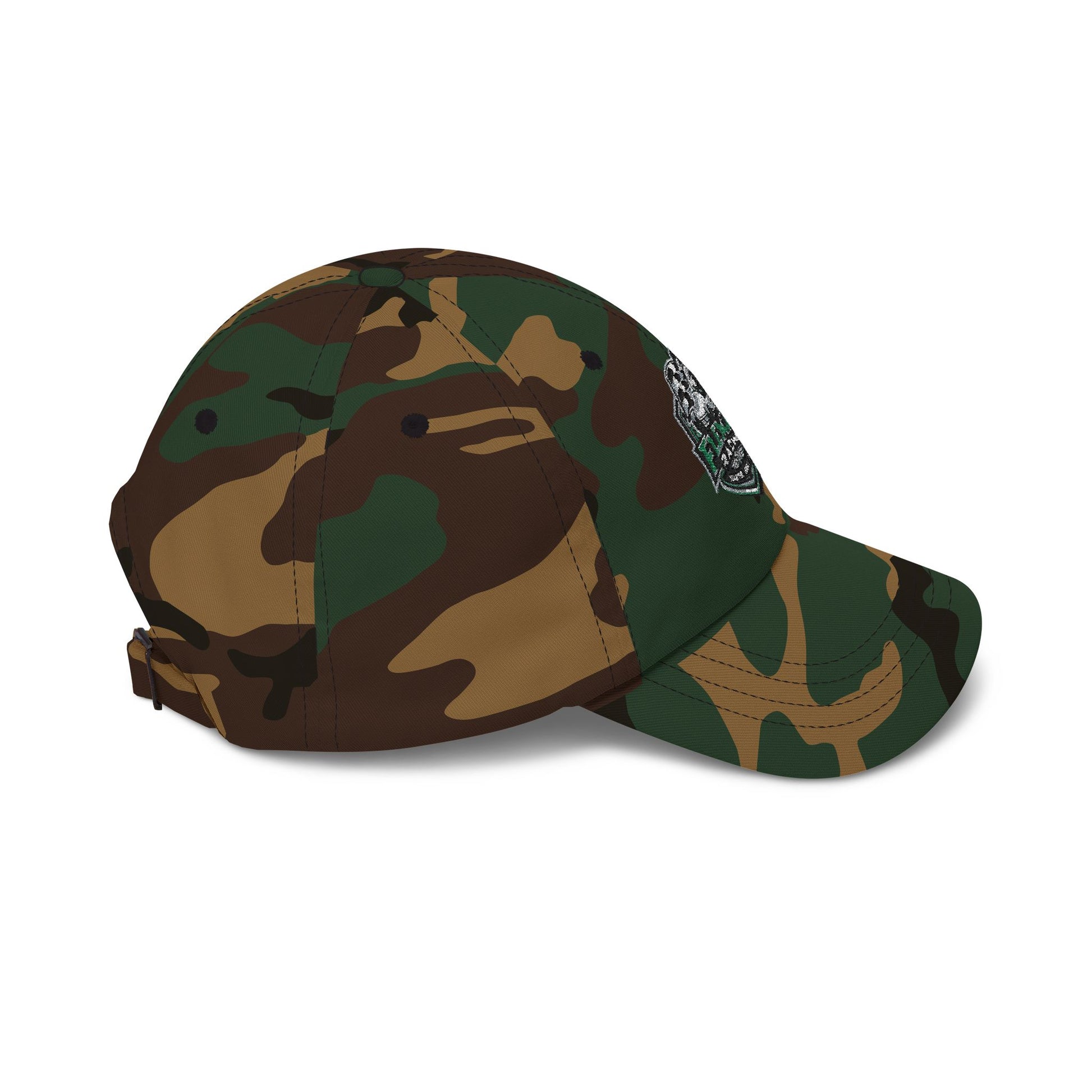 Camo dad cap with soccer crest patch and curved brim, side view with adjustable strap.