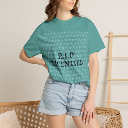 Unisex garment-dyed T-shirt in seafoam green with snowflake pattern and R.I.P Twenties print