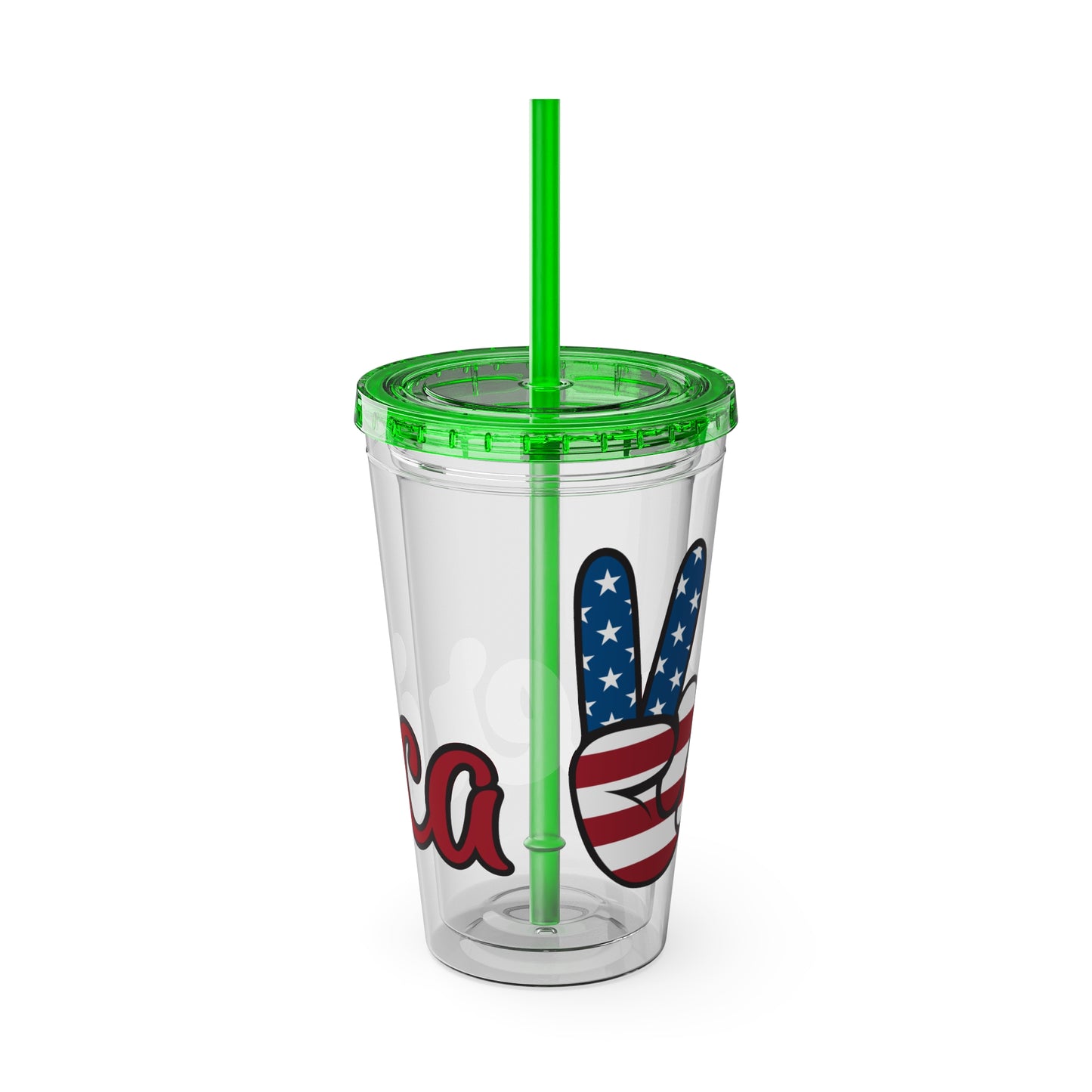 16oz clear tumbler, green lid and straw, blue/red star letter graphic