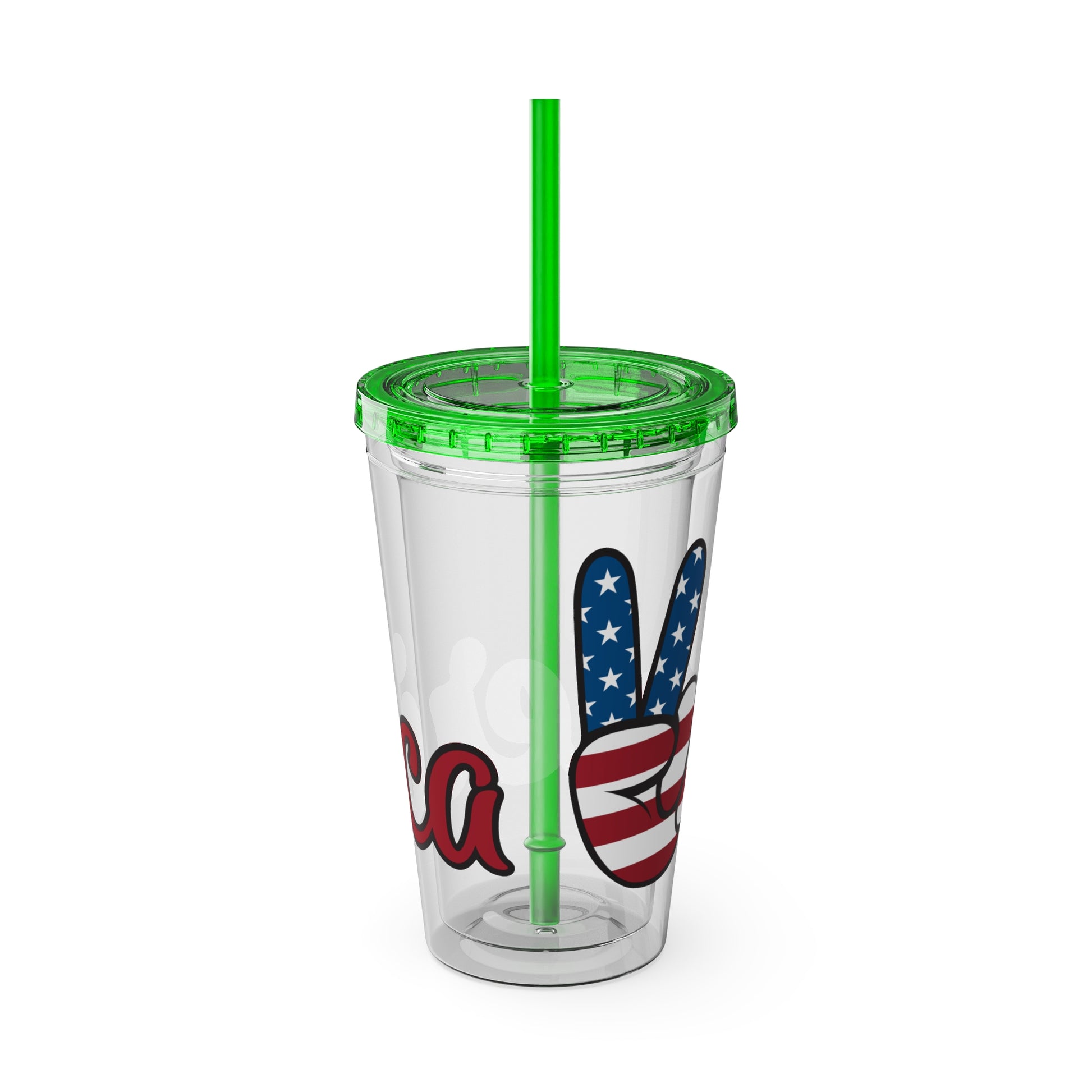 16oz clear tumbler, green lid and straw, blue/red star letter graphic