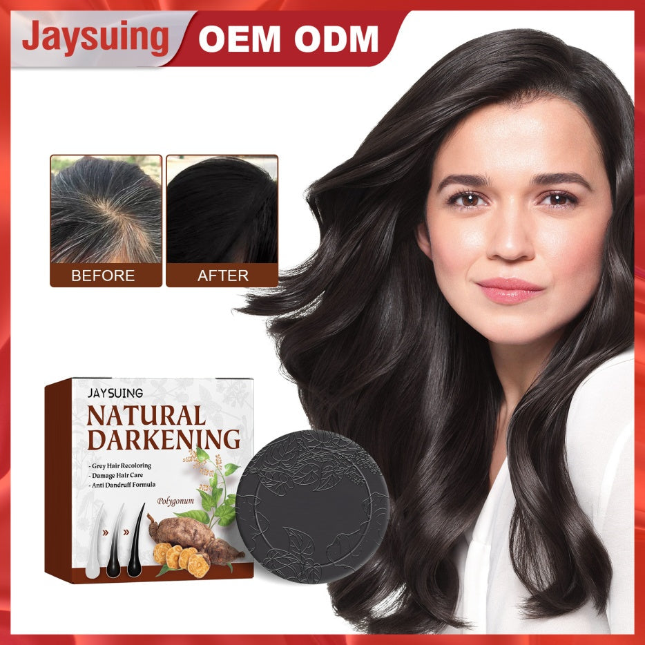 Fo-Ti shampoo bar set with dark black round bar and Natural Darkening box