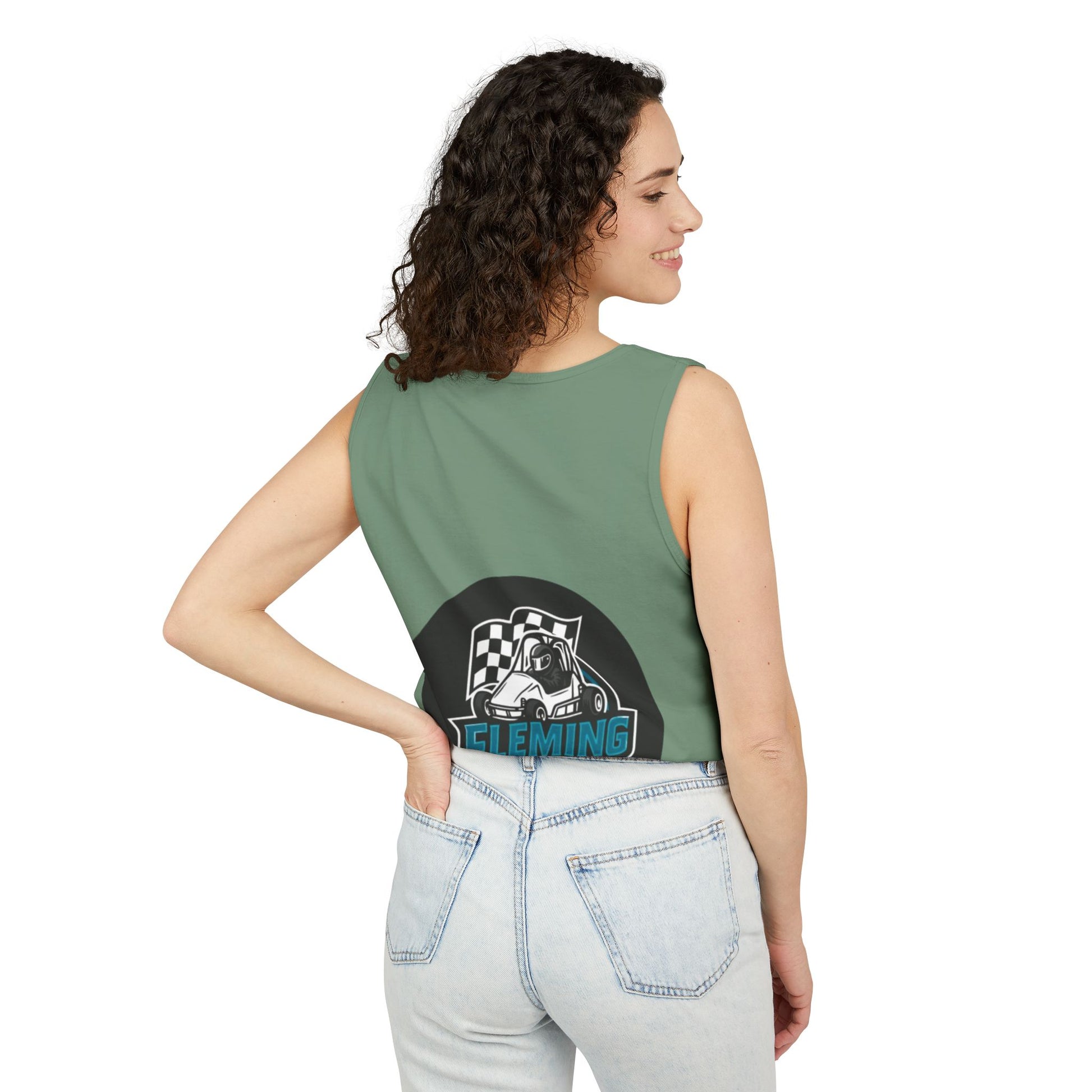 Green racing tank top with Fleming Racing graphic on the back