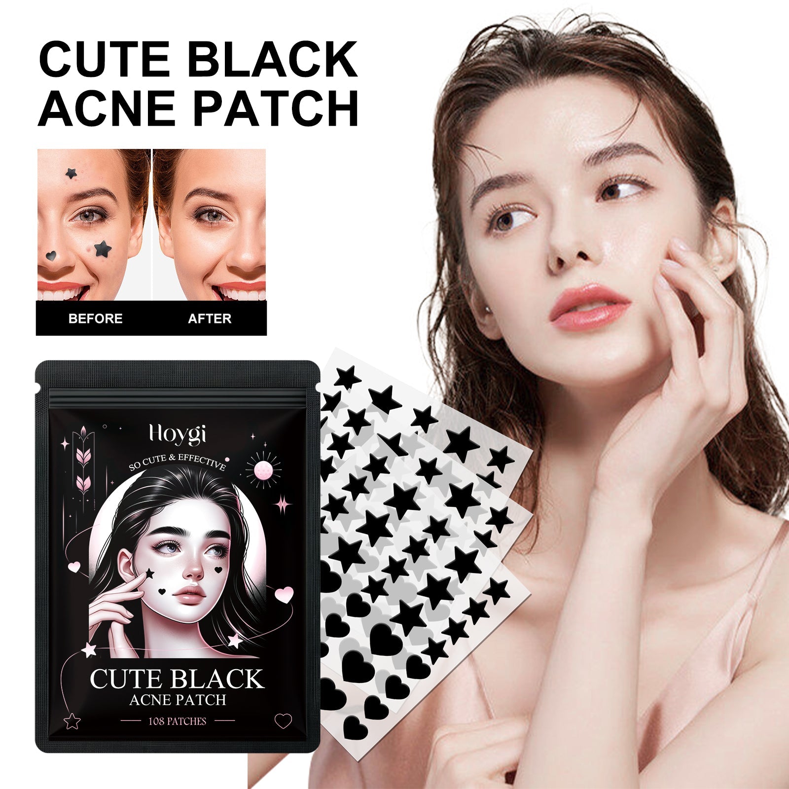 Black acne patch sheets and a woman applying patches around her cheek