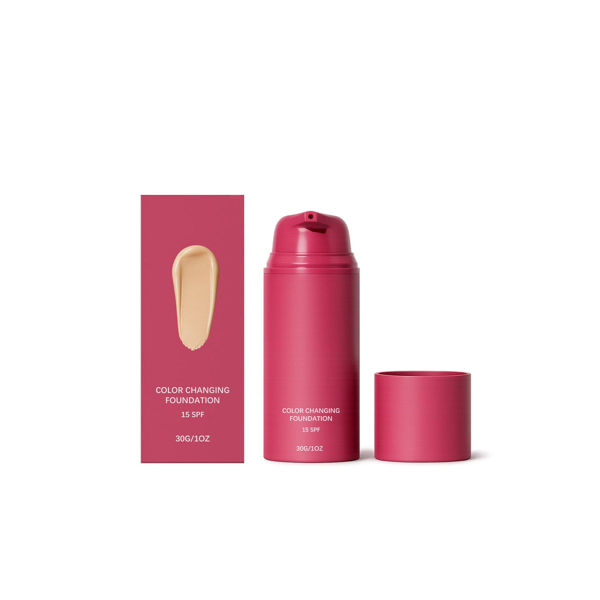 Thermo-responsive foundation natural shade set: pink box, bottle, and jar, 30g