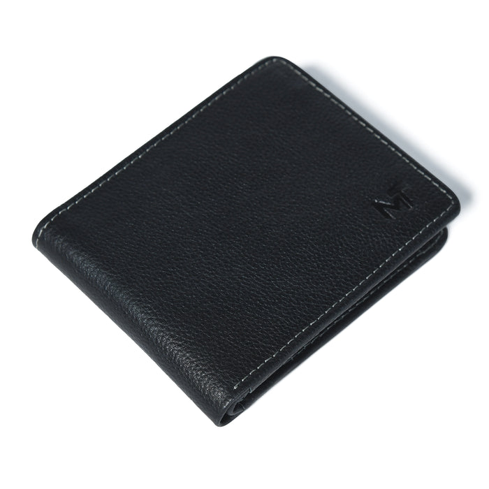 Black leather fold wallet with stitched border and small embossed logo