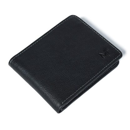 Black leather fold wallet with stitched border and small embossed logo