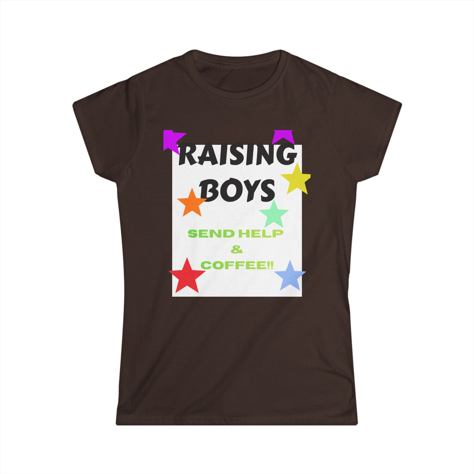 Brown T-shirt with colorful “RAISING BOYS” graphic and star accents; “SEND HELP & COFFEE”.