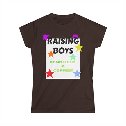 Brown T-shirt with colorful “RAISING BOYS” graphic and star accents; “SEND HELP & COFFEE”.