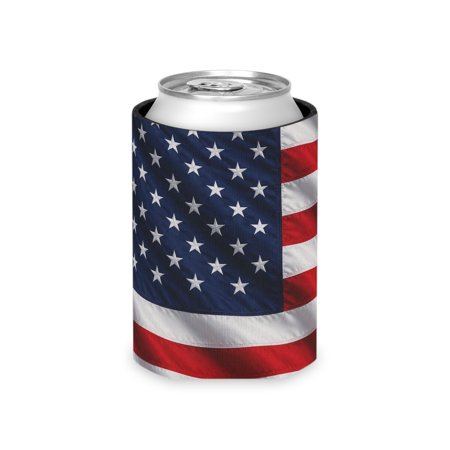 American flag can cooler sleeve on beverage can with navy stars and stripes