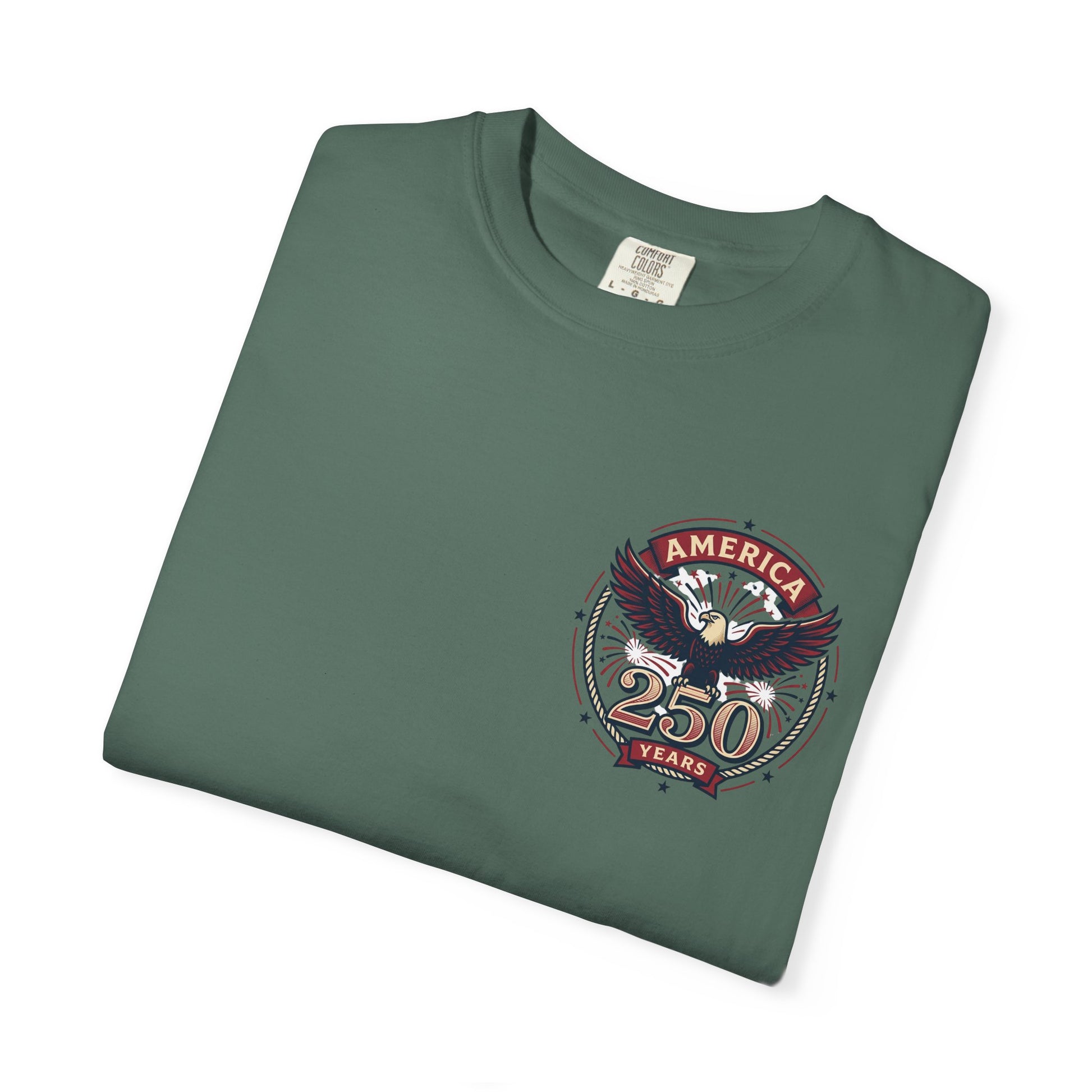 Green T-shirt with round “America 250 Years” emblem graphic on front