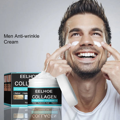 EELHOE collagen face cream with white pump applicator and teal box on face