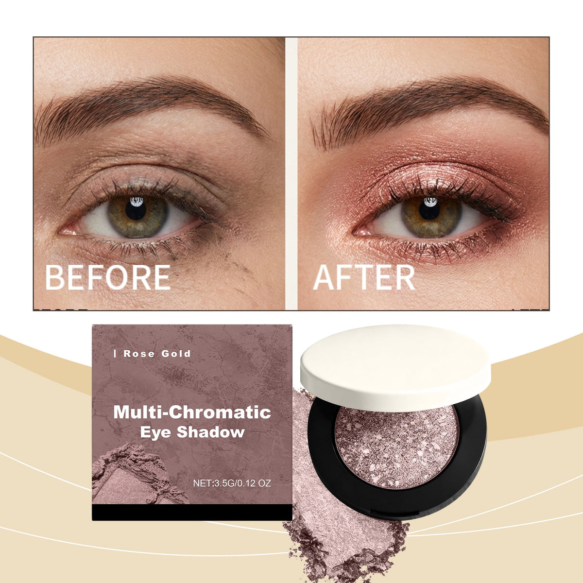Rose gold multi-chromatic eye shadow compact with glitter pan and shown eye makeup results