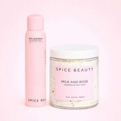 Skincare bundle with Spice Beauty Milk and Rose bottle and salt-soak jar