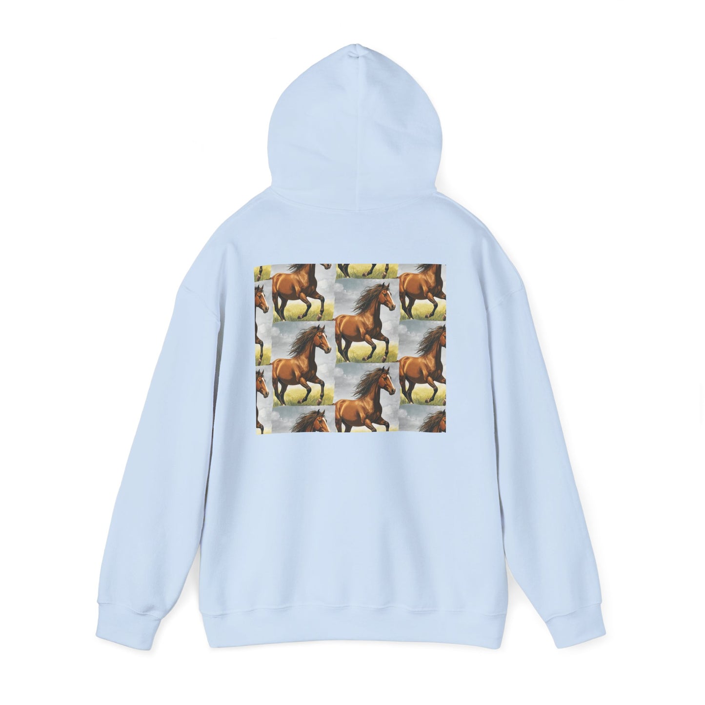 Light blue horse pattern hoodie, back view with hood and centered graphic panel