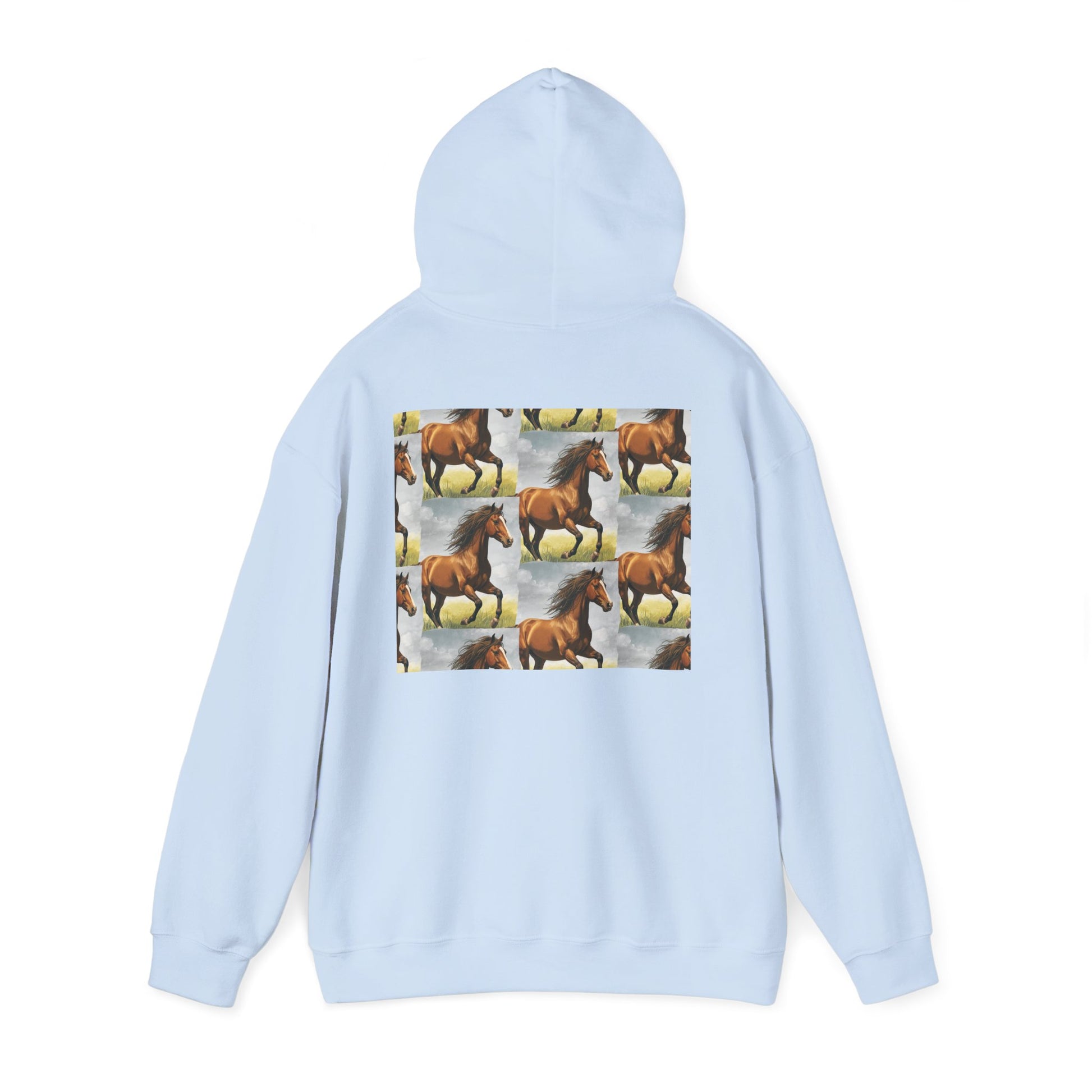 Light blue horse pattern hoodie, back view with hood and centered graphic panel