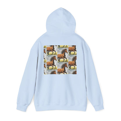 Light blue horse pattern hoodie, back view with hood and centered graphic panel