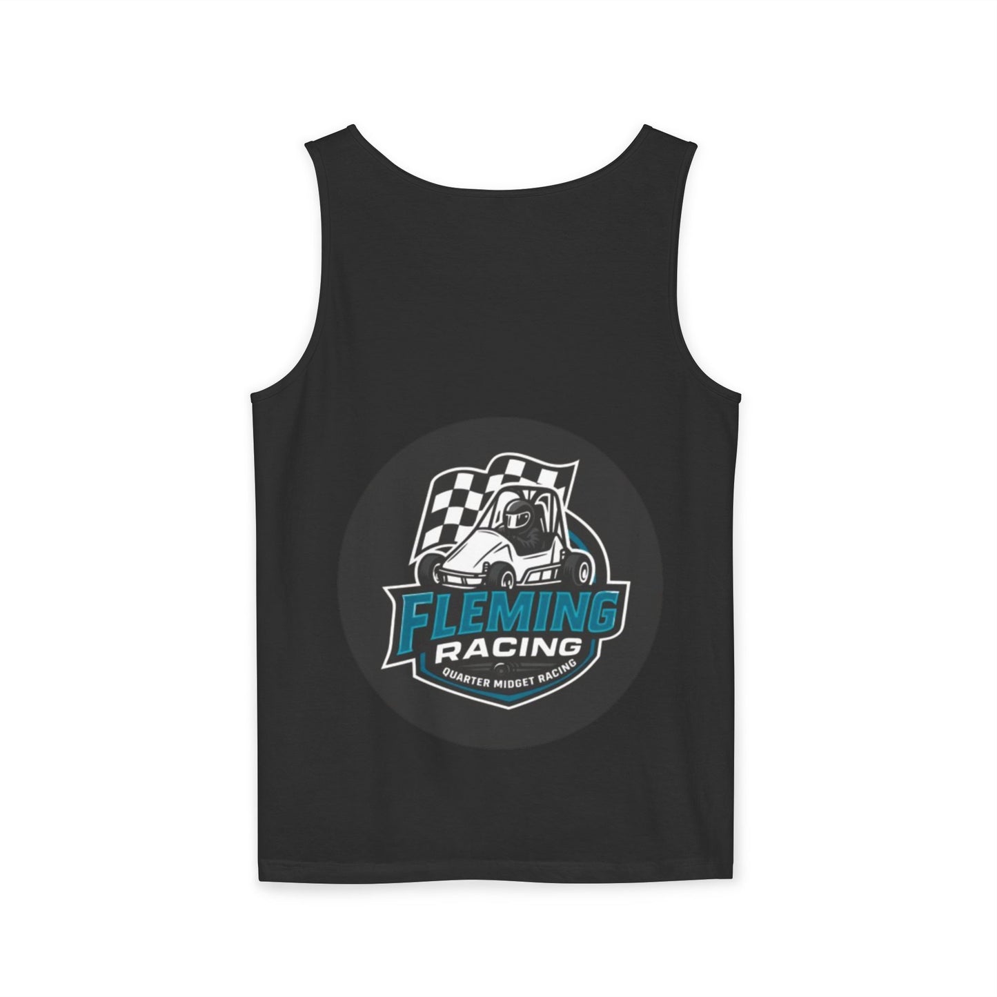 Black sleeveless tank top with Fleming Racing logo graphic