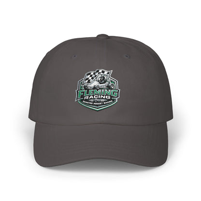 Dark grey soccer crest dad cap with Fleming Racing logo on front