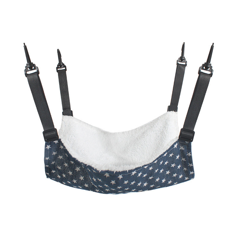 Hanging cotton pet hammock bed with dark blue star print and white plush lining