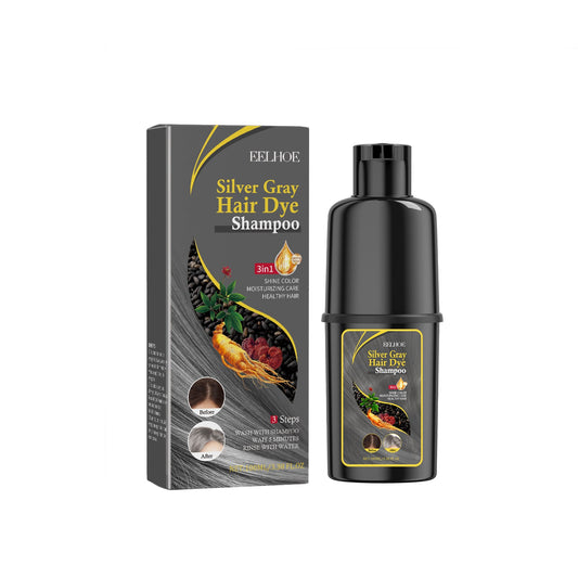 Silver gray hair dye shampoo bottle with matching carton packaging, 100ml