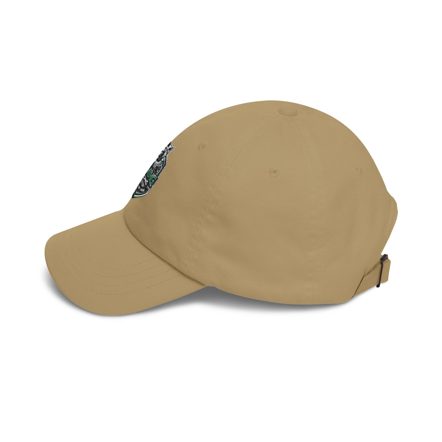 Fleming Racing soccer crest dad cap, tan, angled side with side detail patch