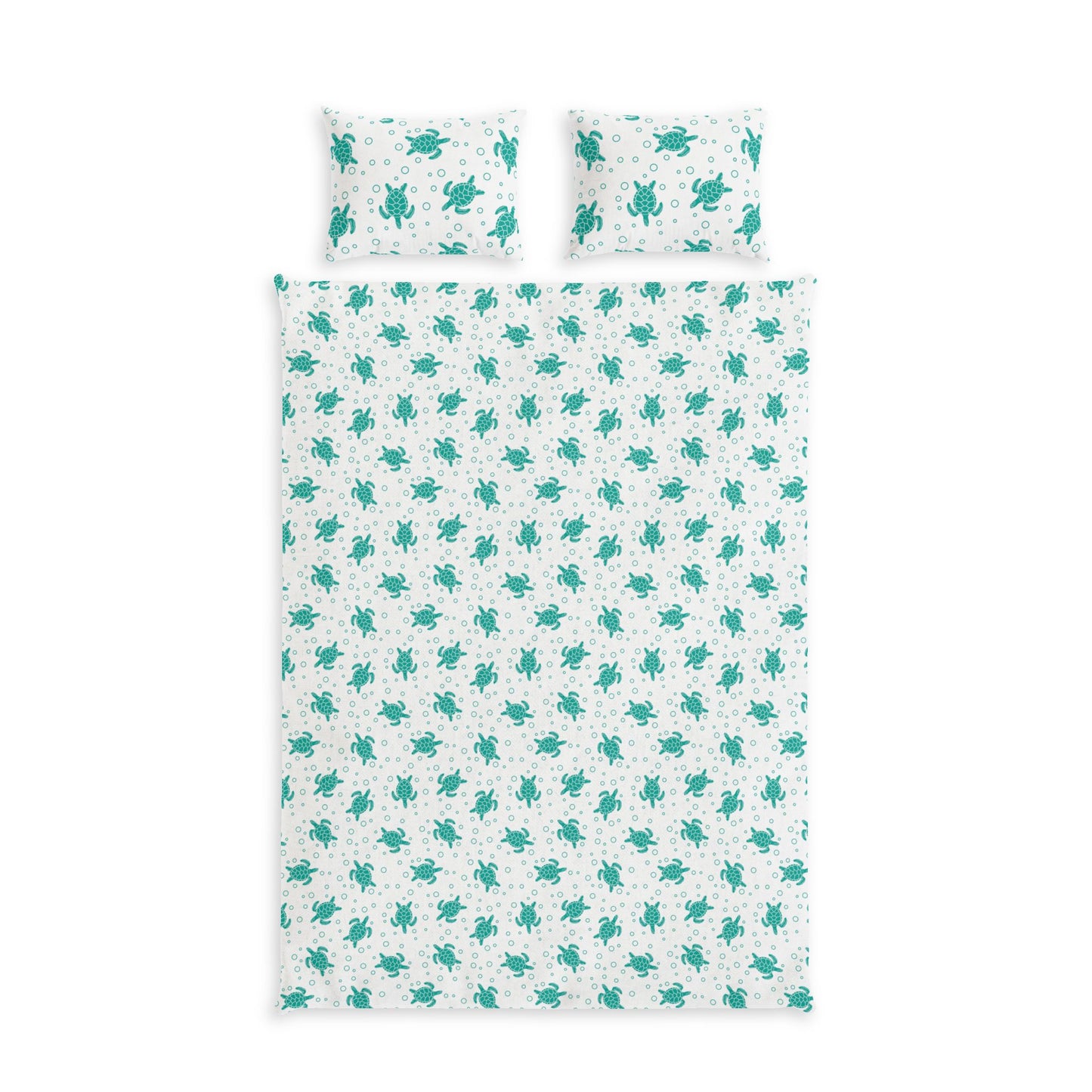 Kids bed set with flat sheet and two pillowcases, teal sea turtle print on white