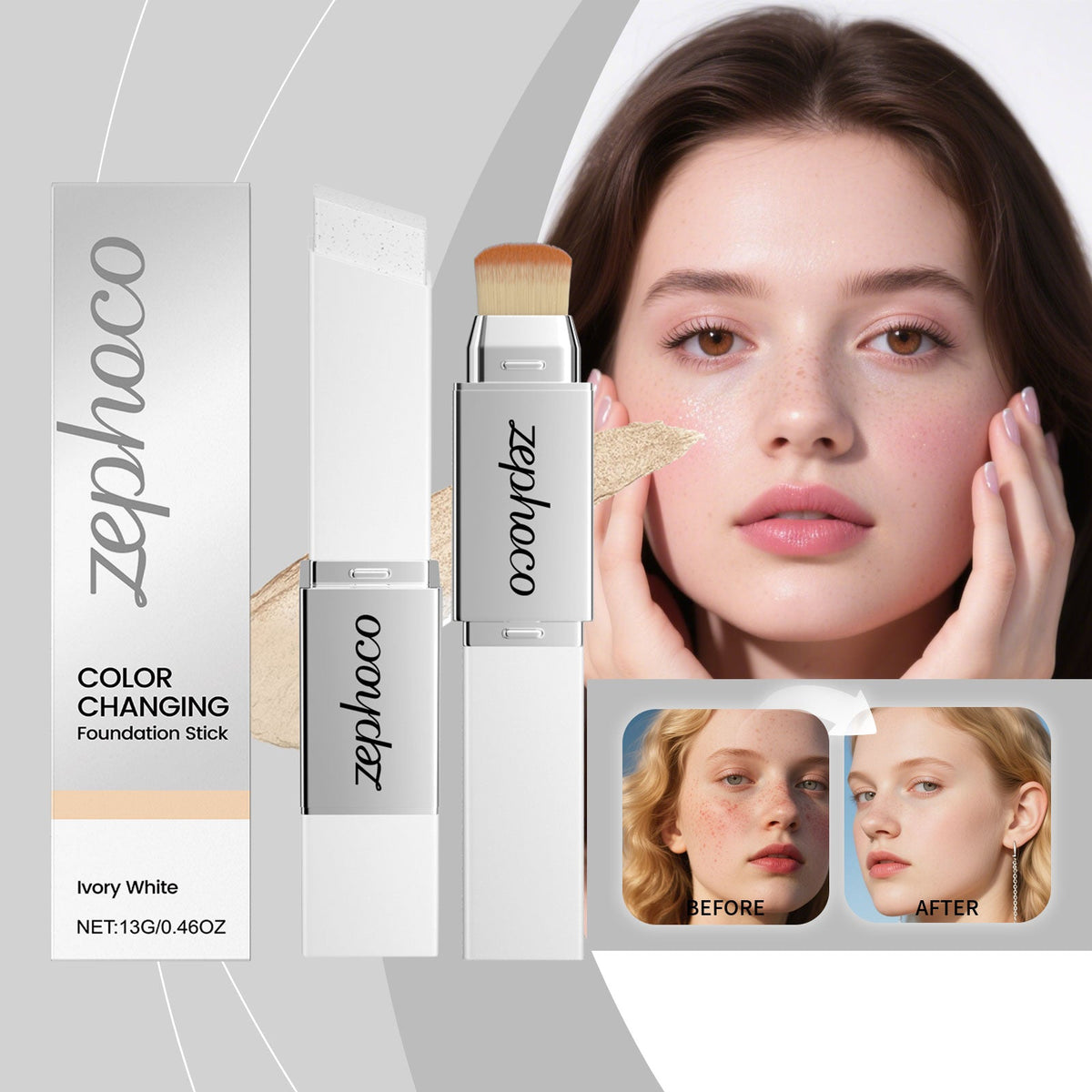 Ivory white color-changing foundation stick with brush applicator and detail