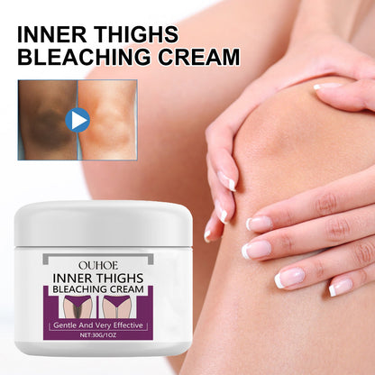 Inner-thigh brightening cream jar with hand applying to skin