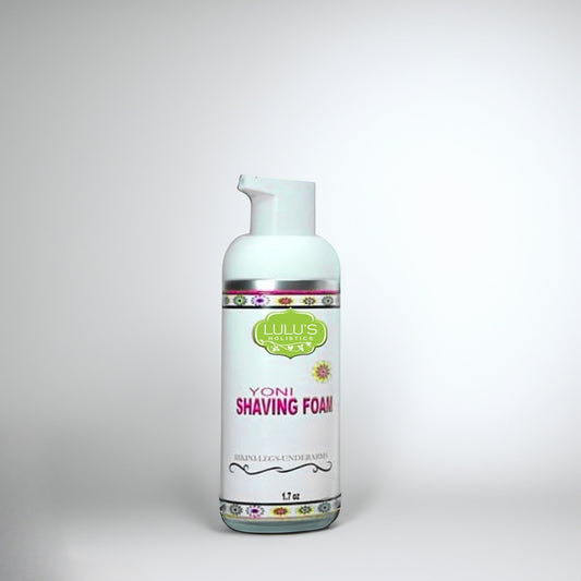 Yoni shaving foam bottle with white pump, Lulu’s label, floral border