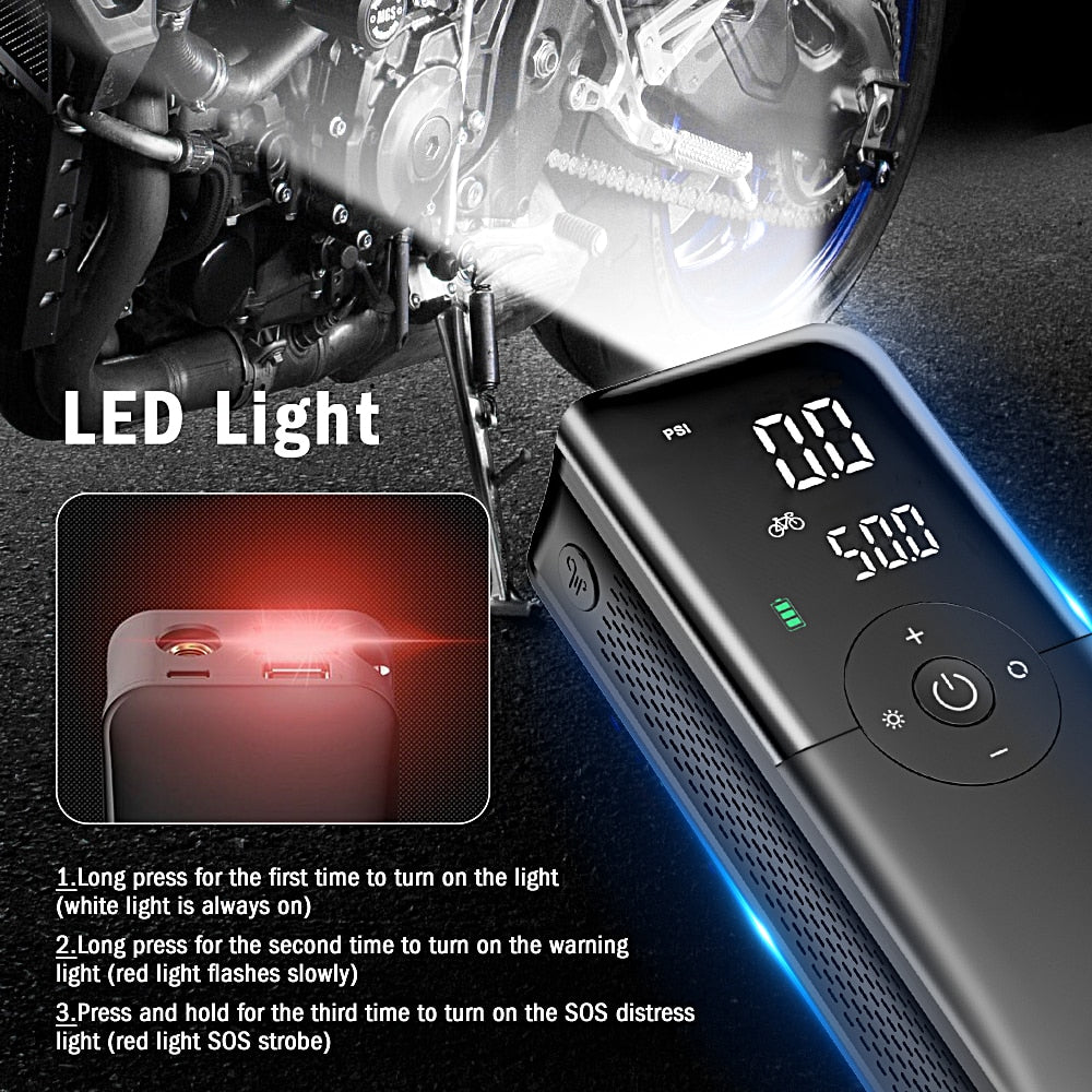 Black portable inflator pump with built-in LED light and digital pressure display.