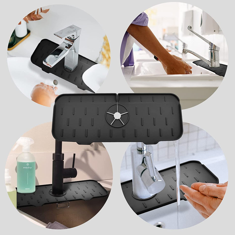Black kitchen faucet mat with raised drain grooves for sink faucet use