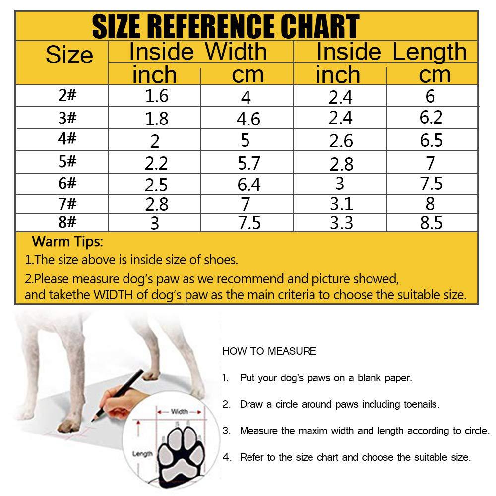 Dog boot size reference chart with inside width and length measurement guide